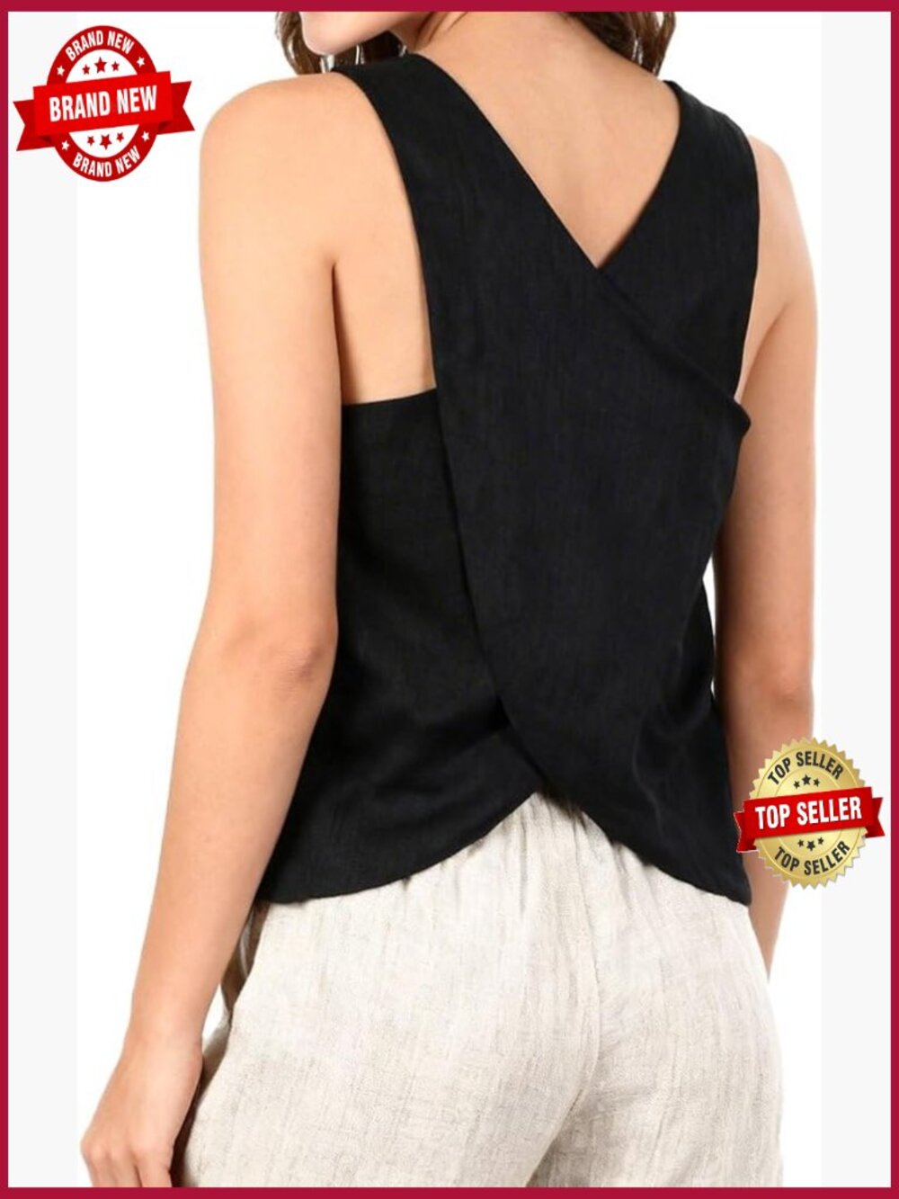 Women's 100% Linen Tank Top Sleeveless Crewneck Cross Back Summer Blouse